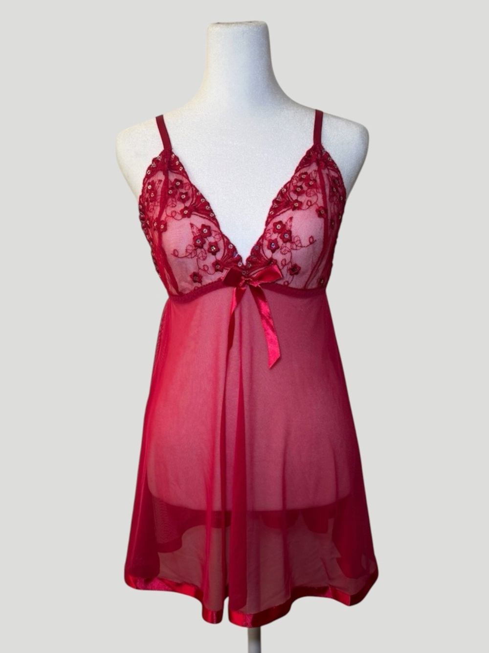 Red Lace & Mesh Babydoll Lingerie Dress w/ Satin Trimmed Hemline & Bow